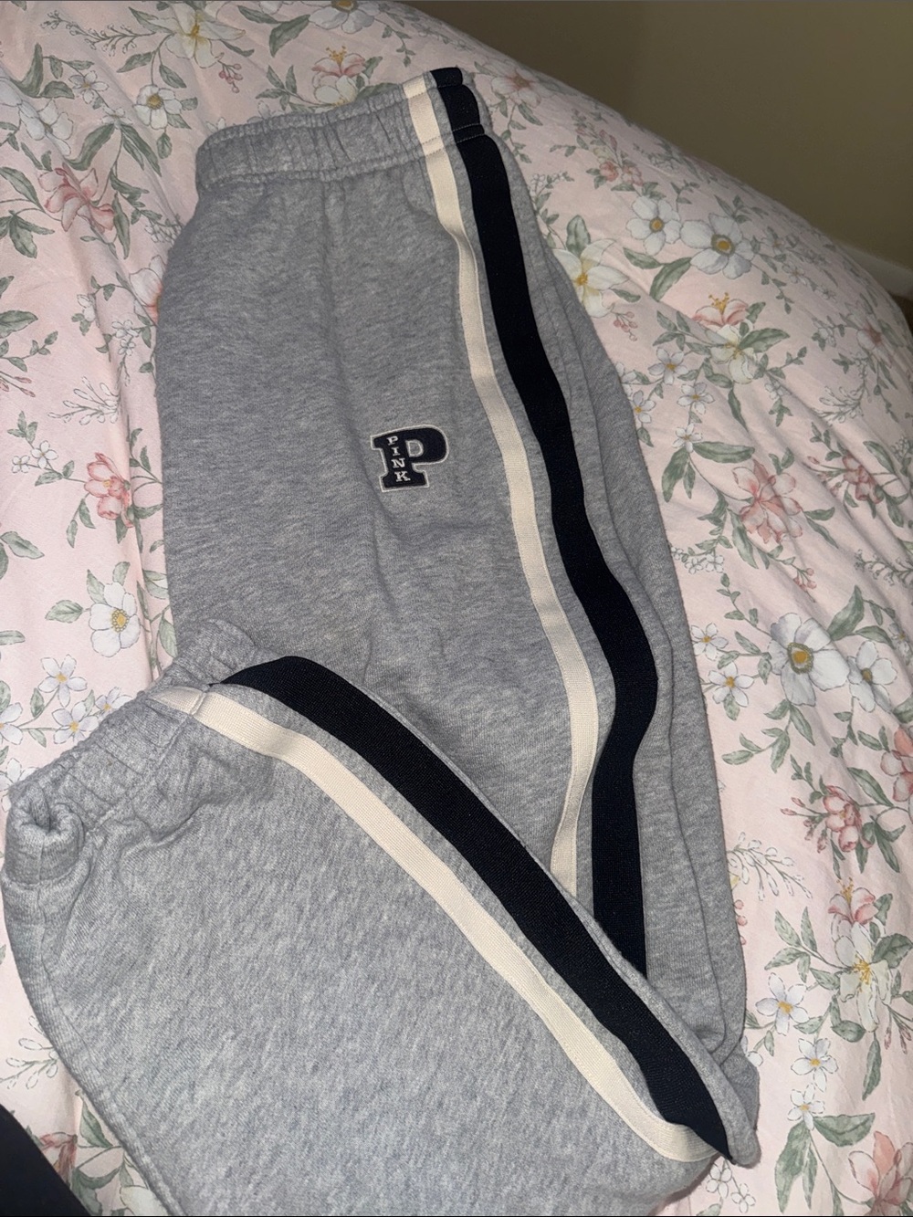 PINK Victoria's Secret Grey Joggers with Navy & Cream Side Stripes